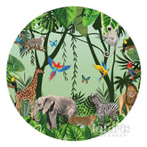 Toile de fond de fête ronde d'anniversaire d'animaux de la forêt tropicale verte